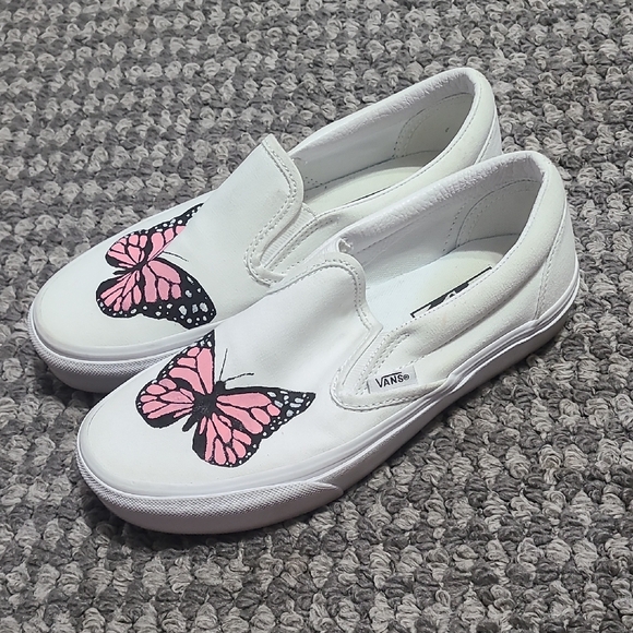 Vans White Slip-On Sneakers‎ Hand Painted Pink Butterfly Design 7 - Picture 2 of 13